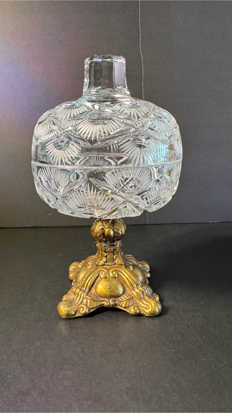 Vintage Cut Crystal Candy Dish with Brass Pedestal Base