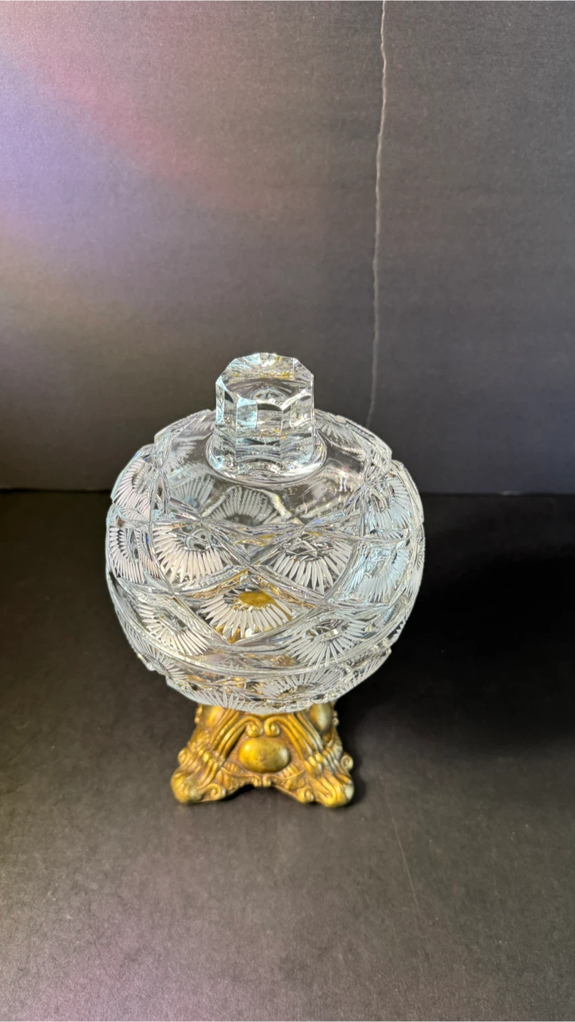 Vintage Cut Crystal Candy Dish with Brass Pedestal Base - photo 2
