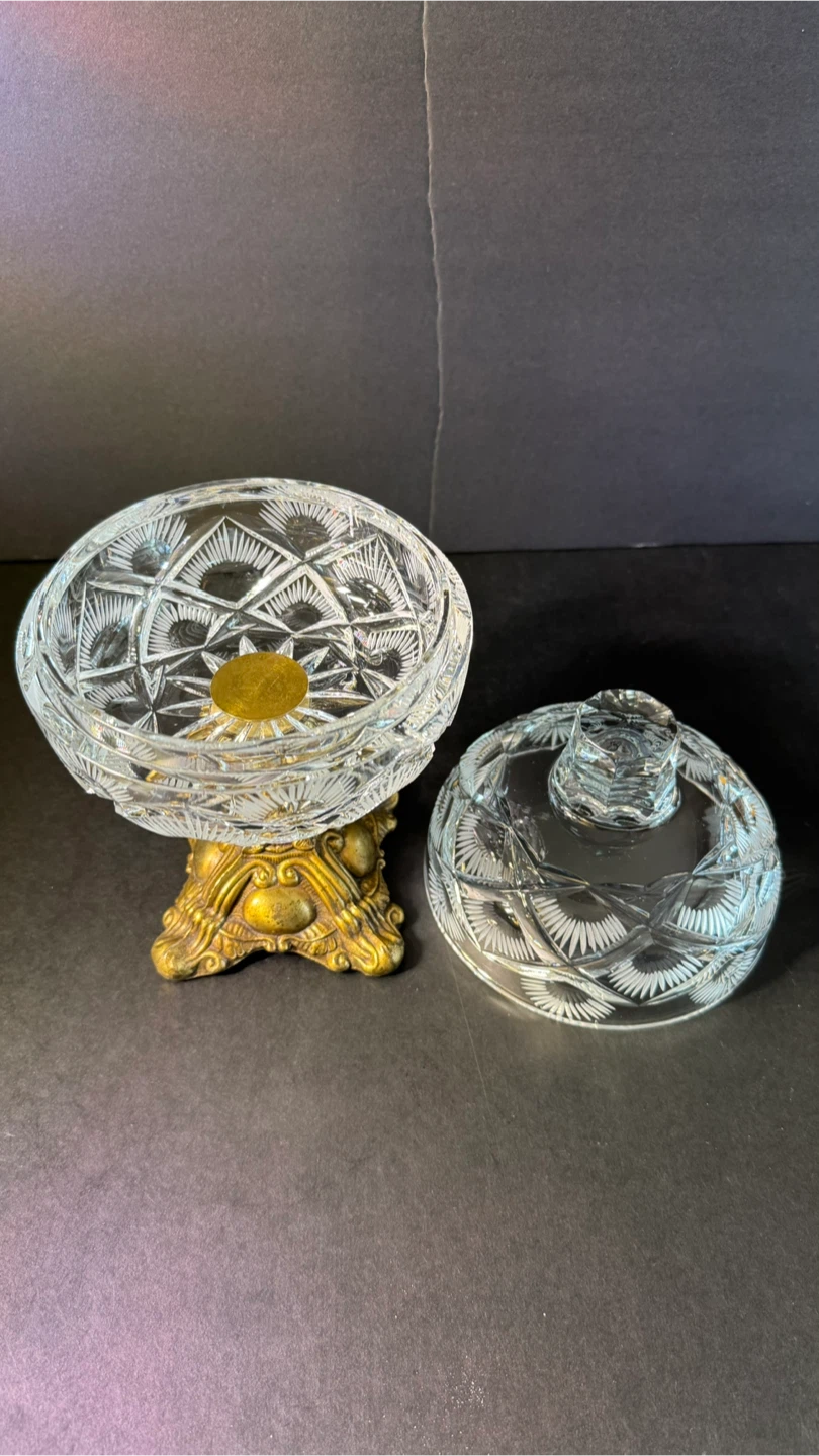Vintage Cut Crystal Candy Dish with Brass Pedestal Base - photo 3