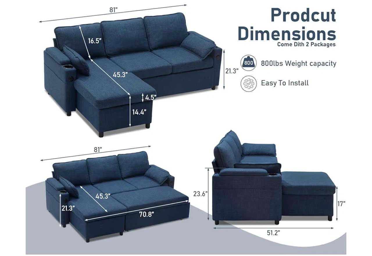 Duraspace Sofa Bed Sleeper with Pullout Bed,Storage Chaise,USB - photo 5