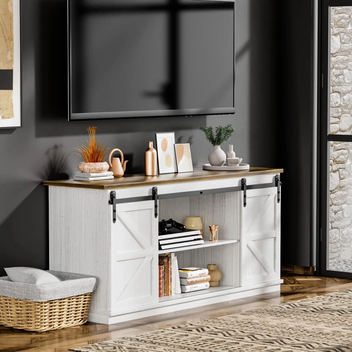 Modern TV Stand with Sliding Barn Doors and Storage Cabinets