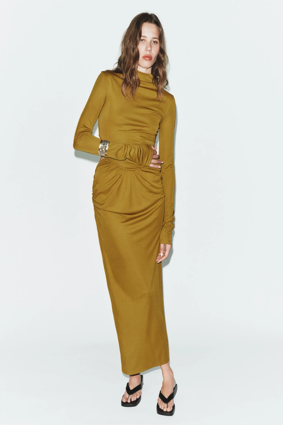Zara Mustard Long Sleeve Cut-Out Midi Dress - photo 2