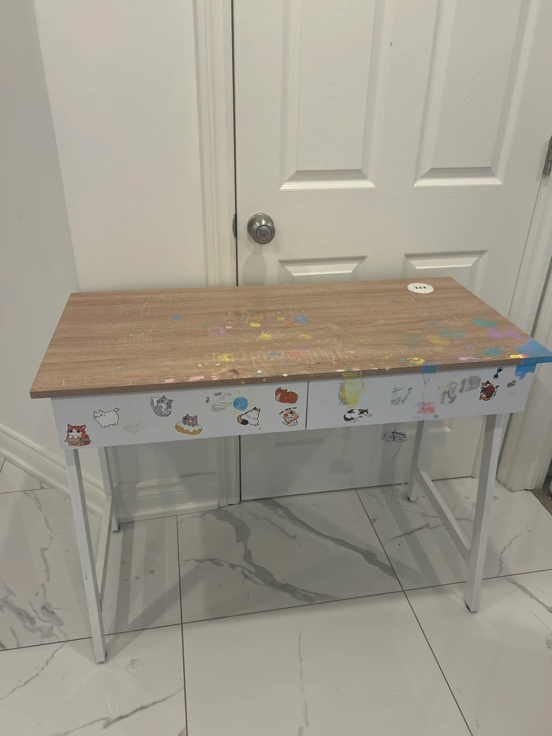 Wood and white metal desk