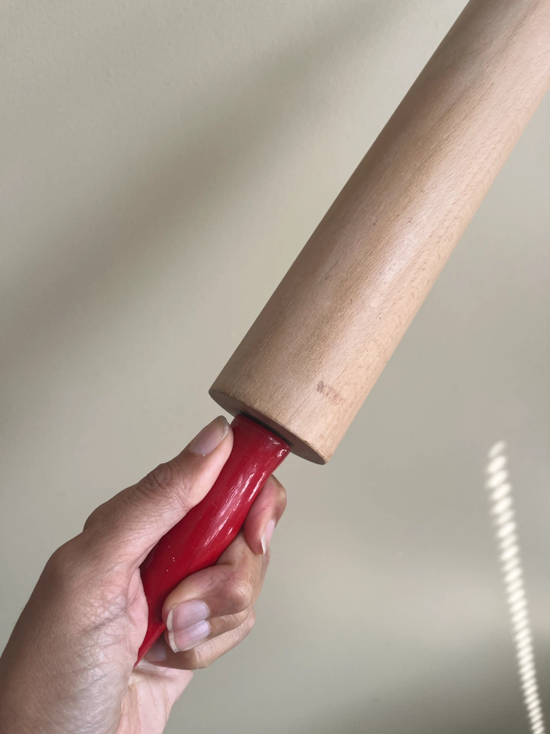 Wooden Rolling Pin with Red Handles