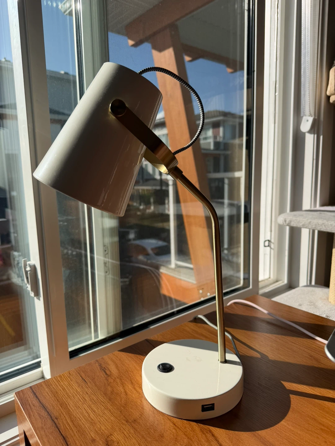 Modern White and Brass Desk Lamp with USB Port