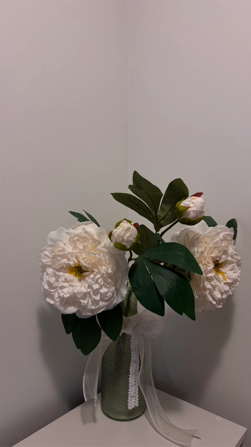 Artificial White Peony Bouquet in Green Glass Vase