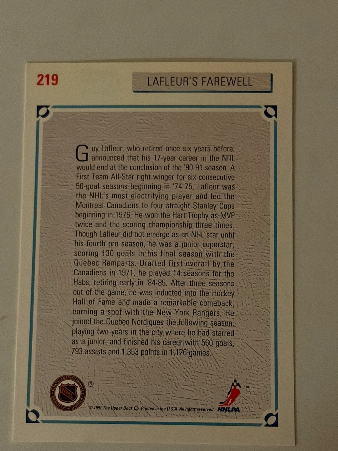 1991 Upper Deck Guy Lafleur's Farewell  Trading Card 219 - photo 2