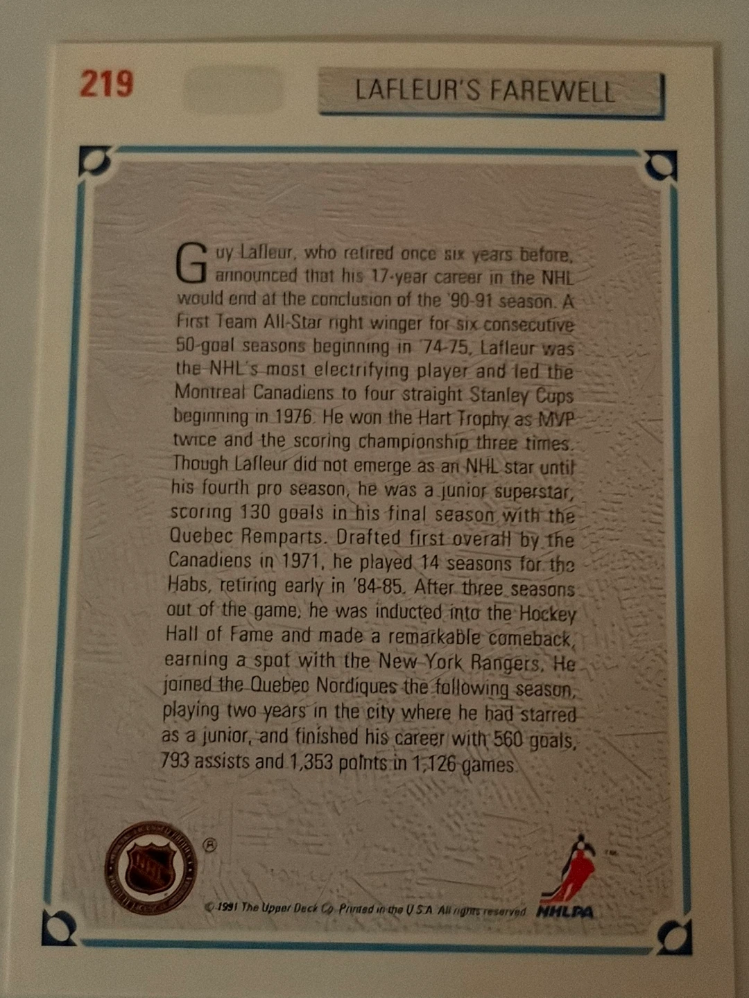 1991 Upper Deck Guy Lafleur's Farewell  Trading Card 219 - photo 4