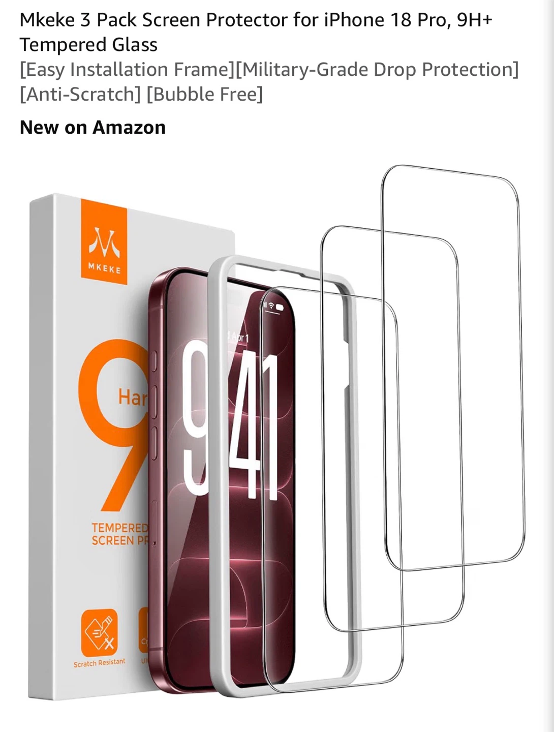 Mkeke Screen Protectors for iPhone 18 Pro (3 Pack)