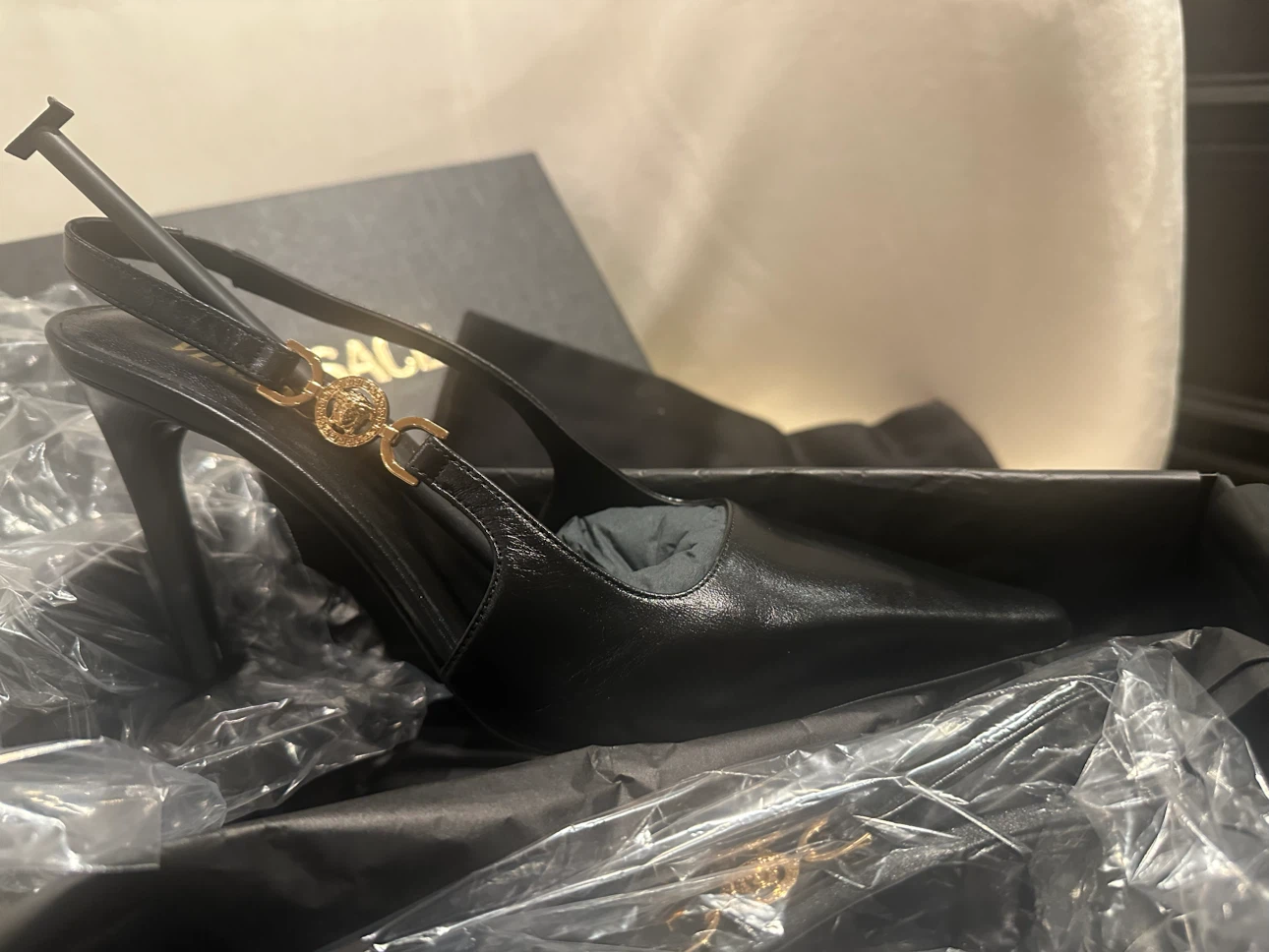 Versace Black Leather Slingback Heels