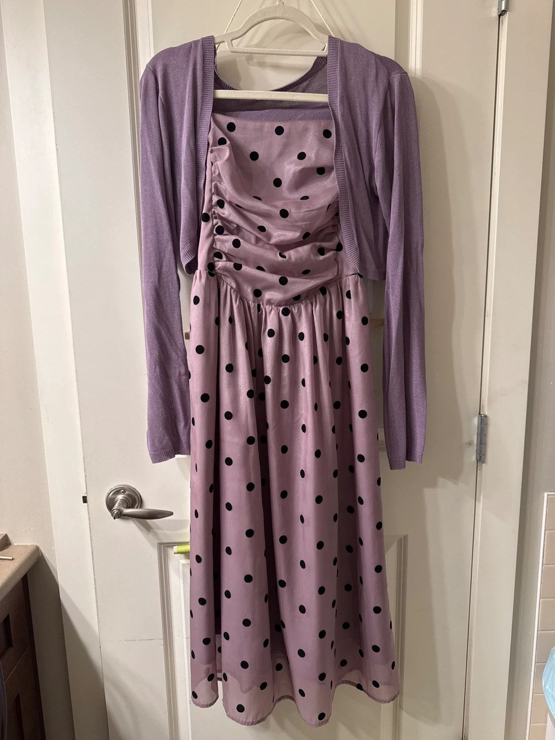 Lavender Polka Dot Dress with Matching Cardigan