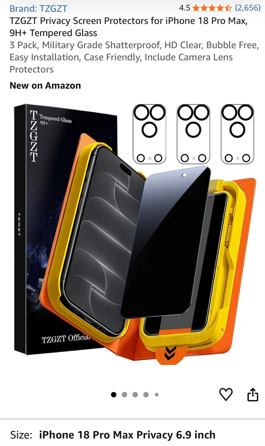 TZGZT Privacy Screen Protector 3-Pack for iPhone 18 Pro Max