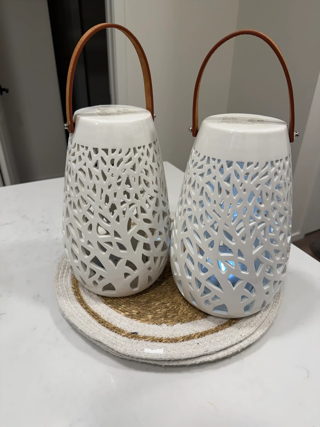Two White Ceramic Lanterns with Handles