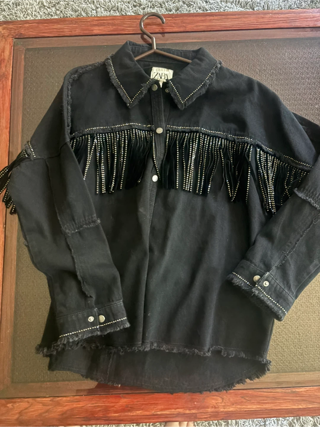 Zara Black Fringed Denim Jacket