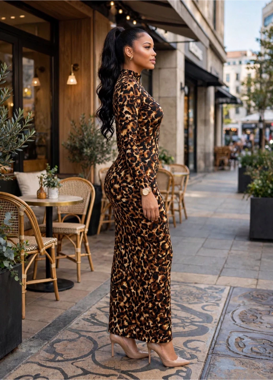 Leopard Print Bodycon Maxi Dress High Neck Long Sleeve S - photo 3