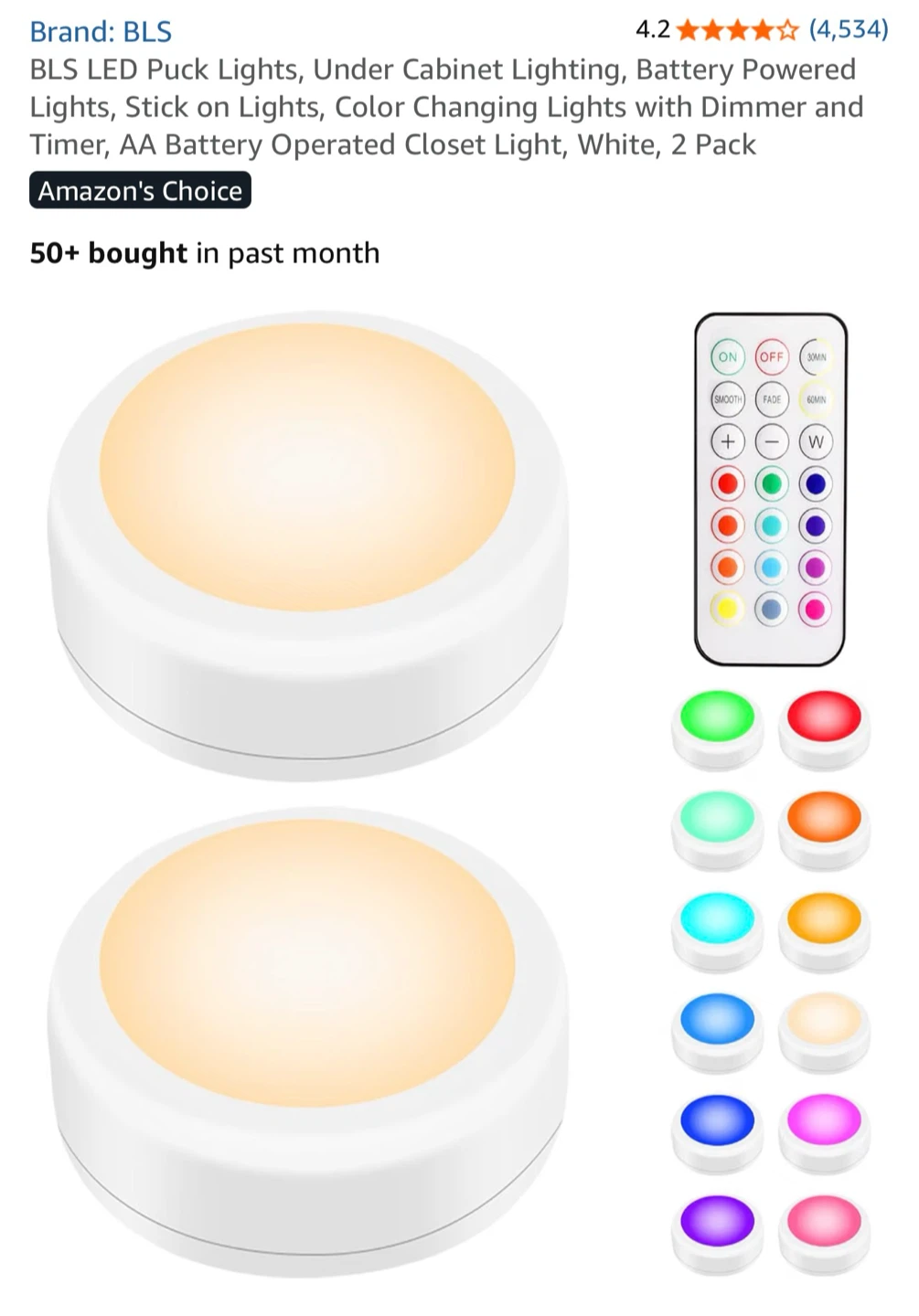 BLS LED Puck Lights 2-Pack with Remote