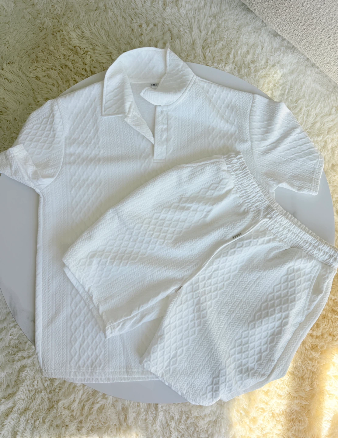 White Textured Polo and Shorts Set
