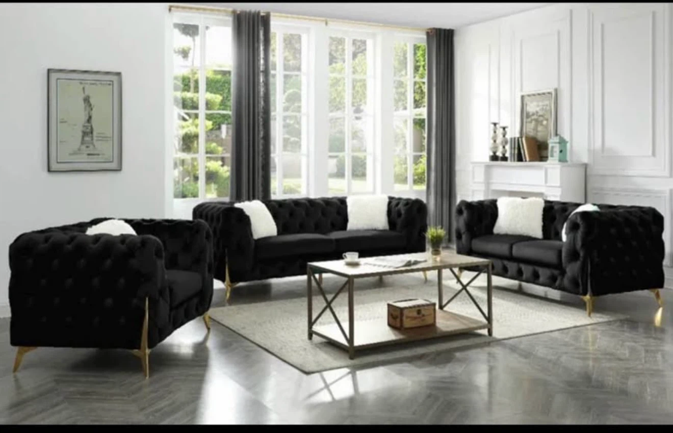 3-Piece Black Velvet Chesterfield Sofa Set
