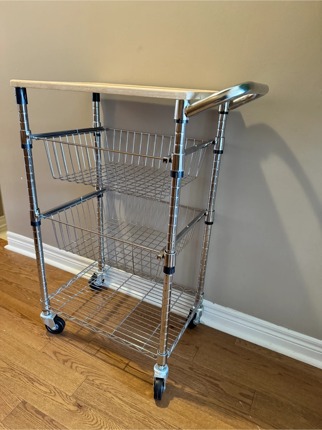 Chrome Wire Rolling Kitchen Utility Cart with Wood Top