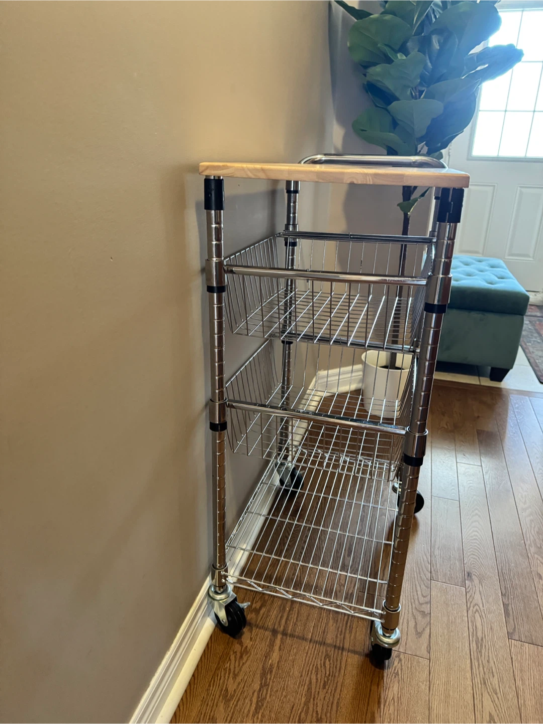Chrome Wire Rolling Kitchen Utility Cart with Wood Top - photo 2