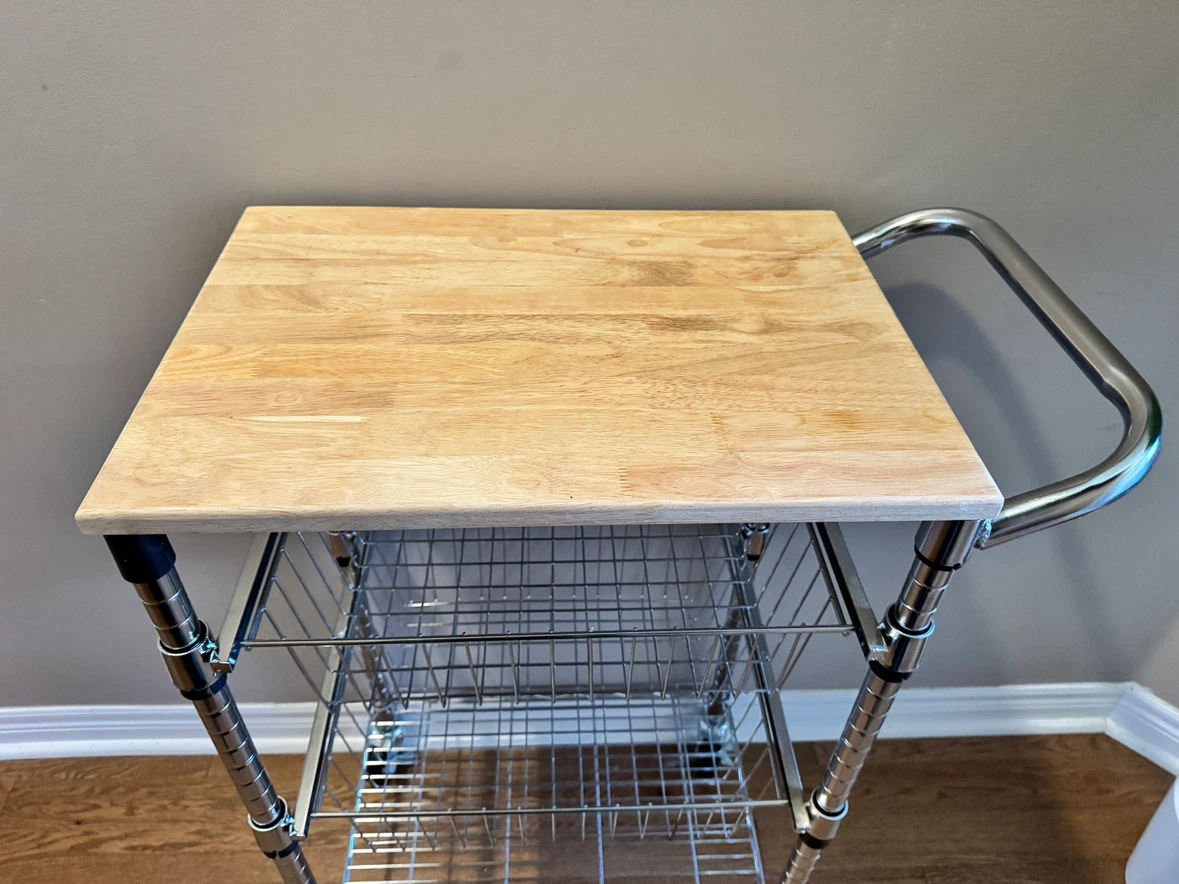 Chrome Wire Rolling Kitchen Utility Cart with Wood Top - photo 3