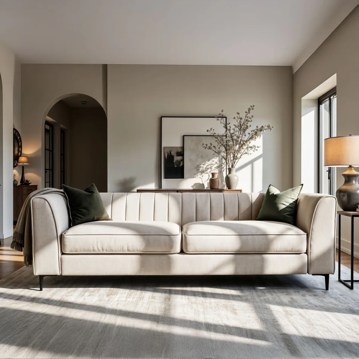 3 Seater Beige-Channel Tufted Sofa - photo 2