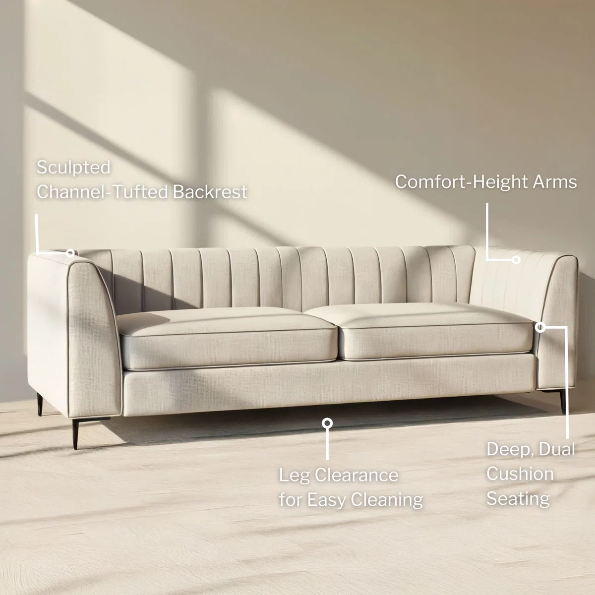 3 Seater Beige-Channel Tufted Sofa - photo 4