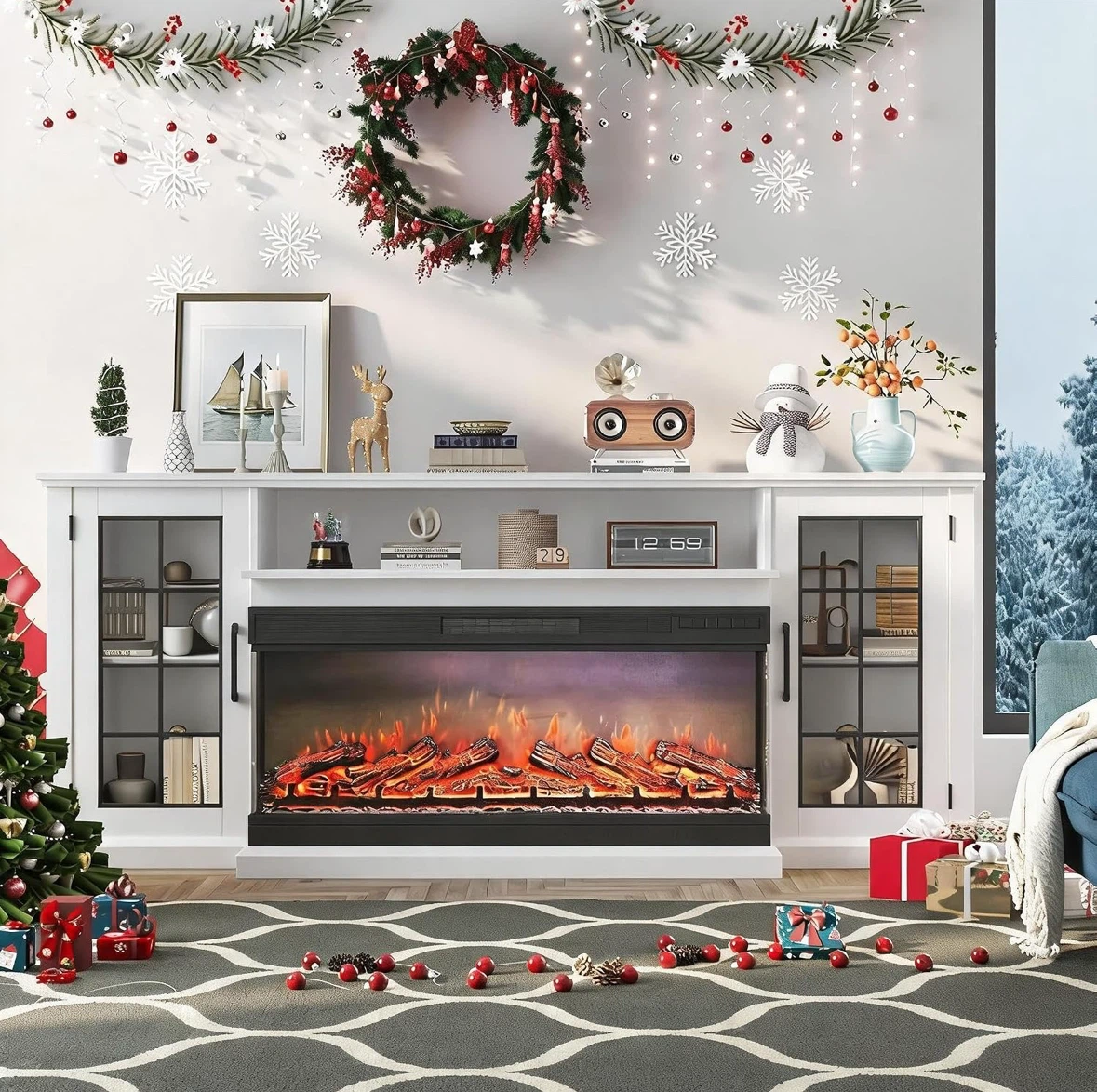 White TV Stand with Electric Fireplace