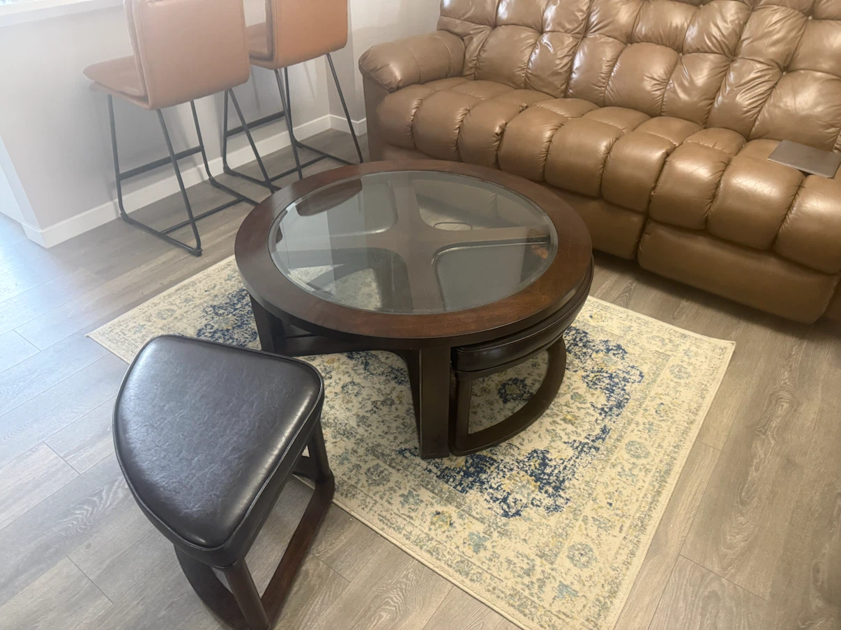 Round Wood Coffee Table with Glass Top and Stools - photo 2