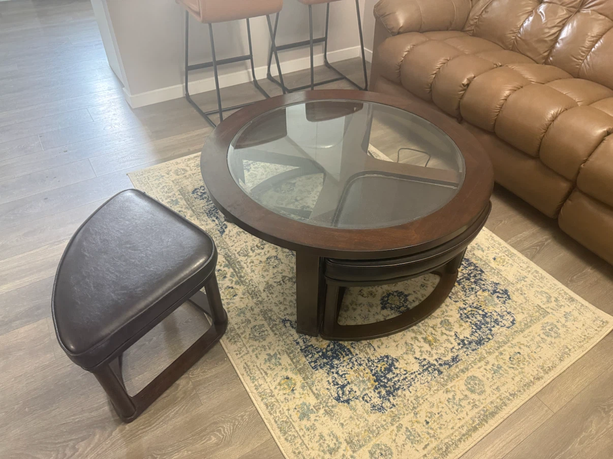 Round Wood Coffee Table with Glass Top and Stools