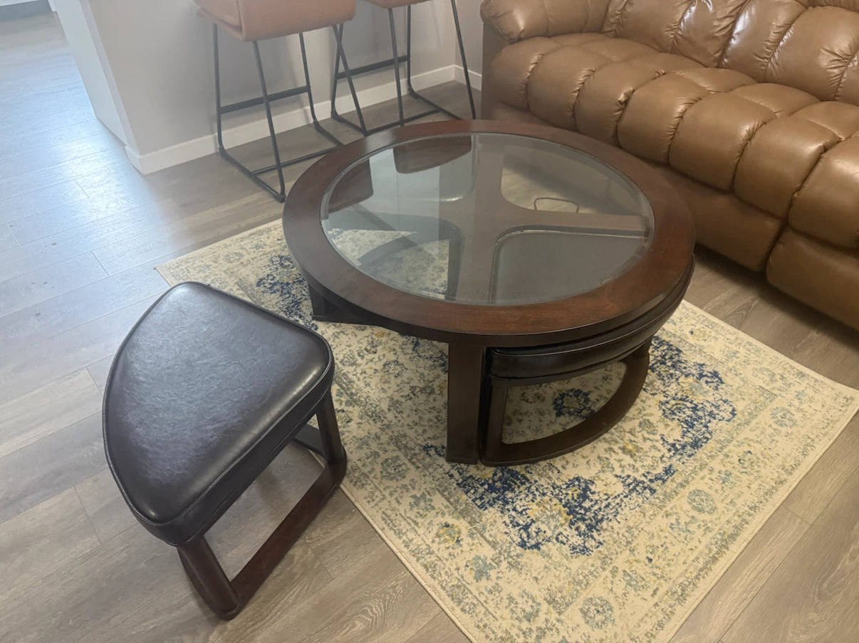 Round Wood Coffee Table with Glass Top and Stools - photo 3