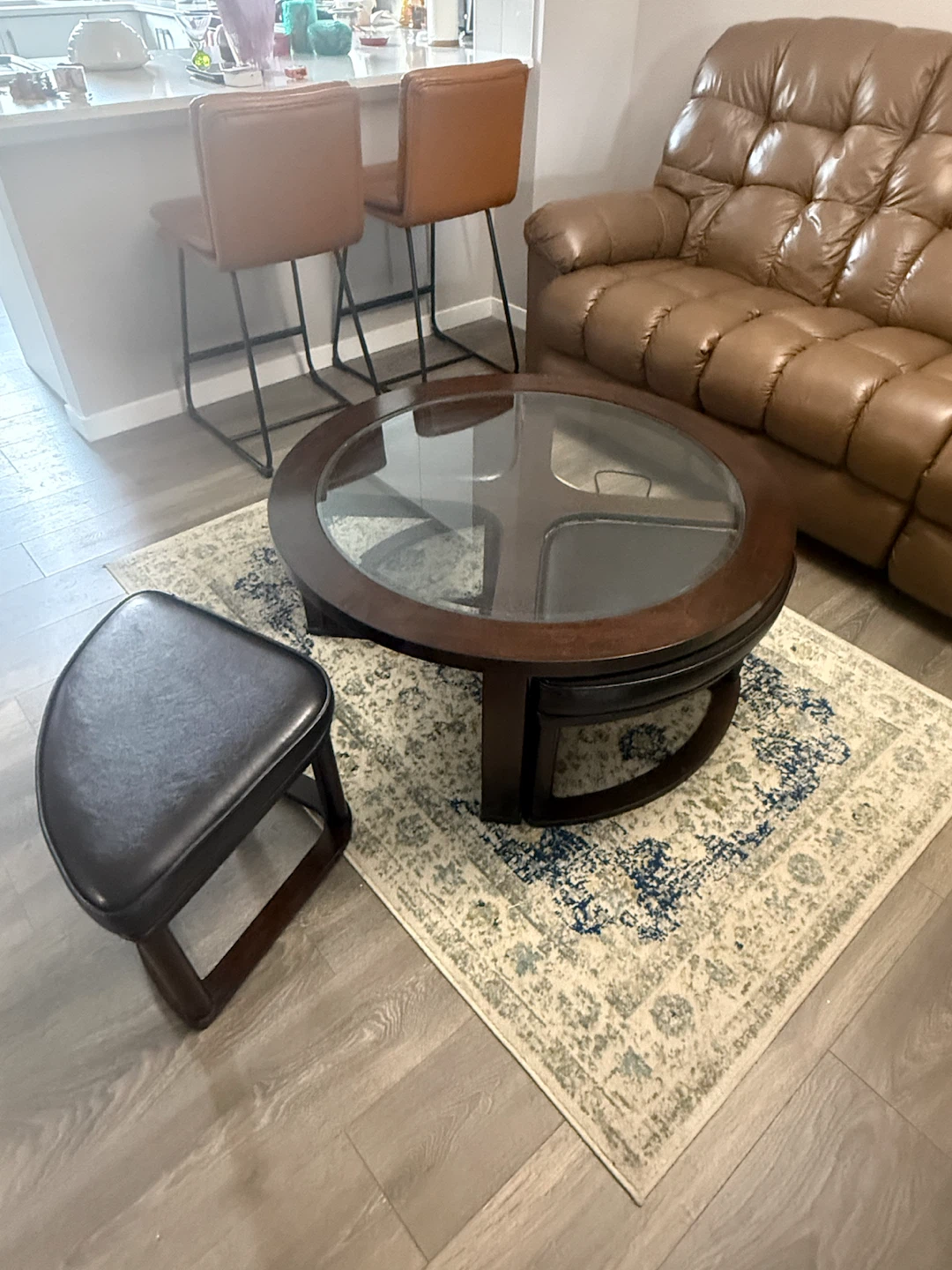 Round Wood Coffee Table with Glass Top and Stools - photo 4