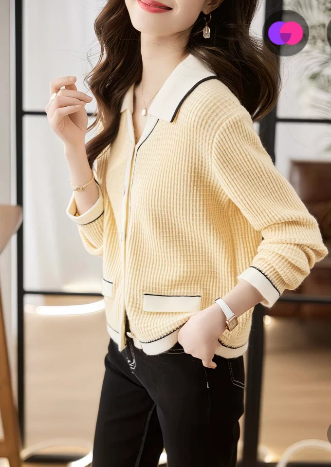 Yellow Button-Up Knit Cardigan with Contrast Trim - photo 2
