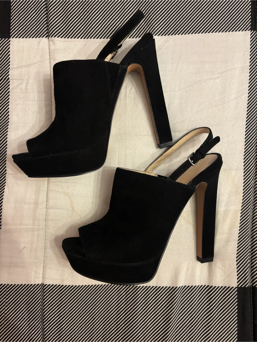 Nine West Black Leather and Suede Peep-Toe Heels