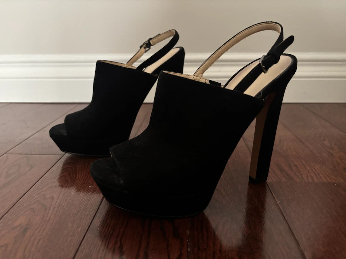 Nine West Black Leather and Suede Peep-Toe Heels - photo 2