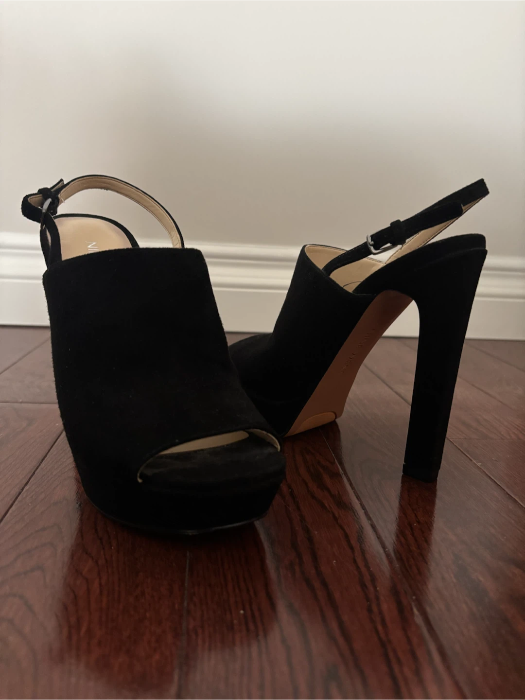 Nine West Black Leather and Suede Peep-Toe Heels - photo 4
