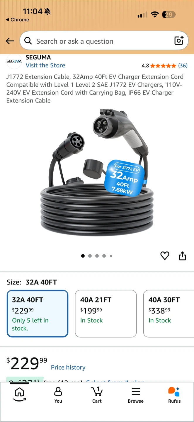 Seguma 40ft J1772 EV Charger Extension Cable 32A