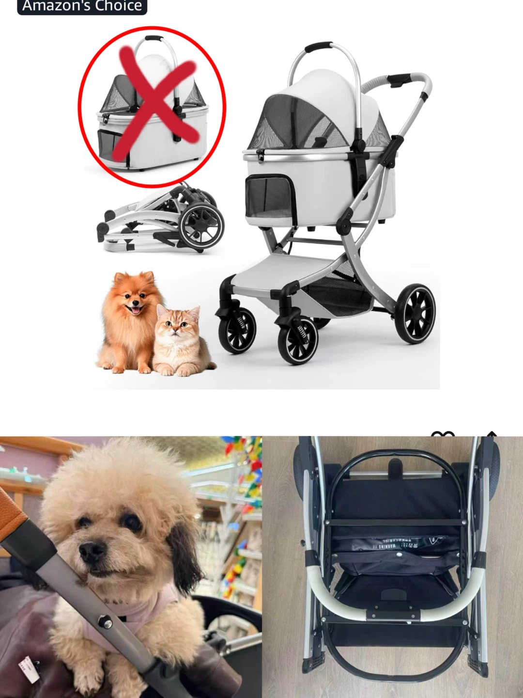 Foldable Pet Stroller Frame Only (Grey)—carrier NOT included