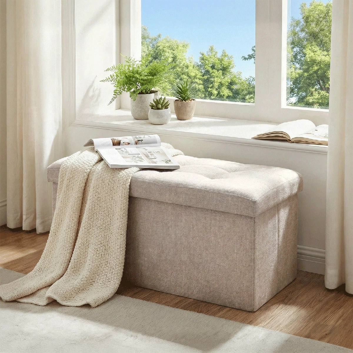 Beige Foldable Storage Ottoman Bench