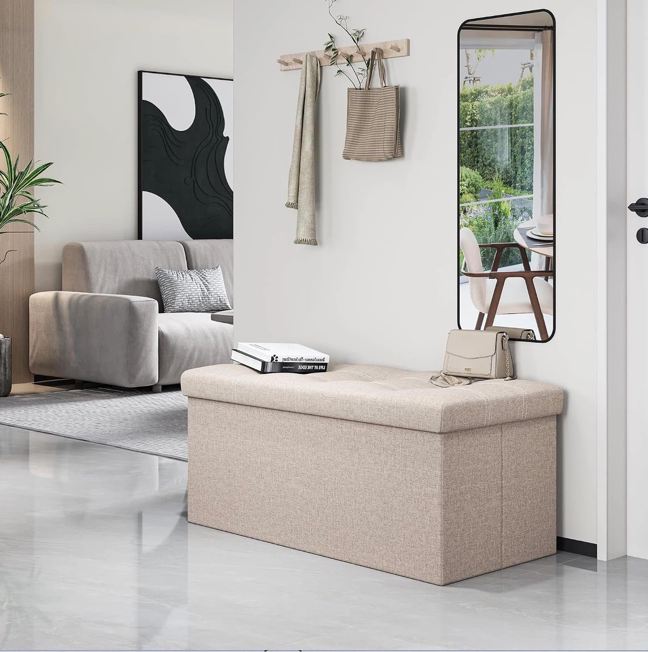 Beige Foldable Storage Ottoman Bench - photo 2