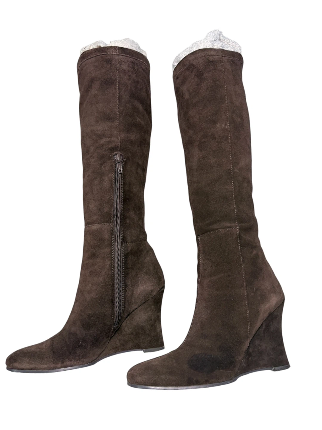 Brown suede wedge knee high boots Italian Brand Sz 6.5 - photo 2