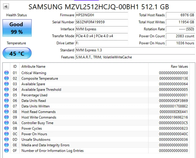 Samsung PM9A1 512GB NVMe (OEM) - 99% Health - photo 3