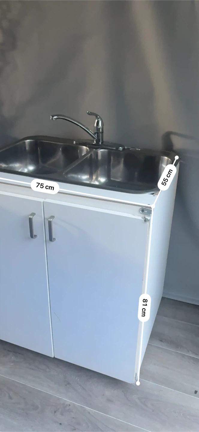 Double sink vanity unit with faucet and plumbing