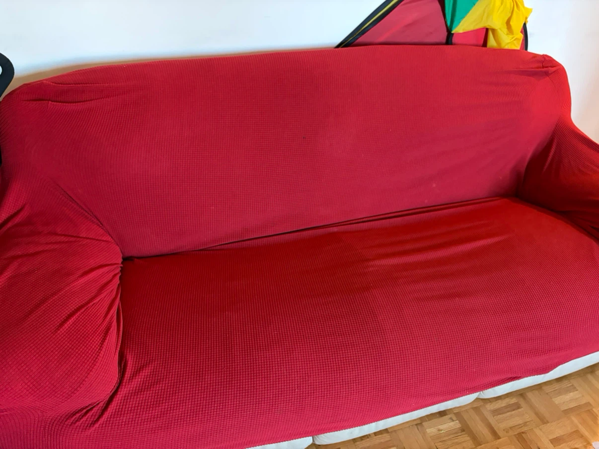 Beige Leather Sofa with Red Cover