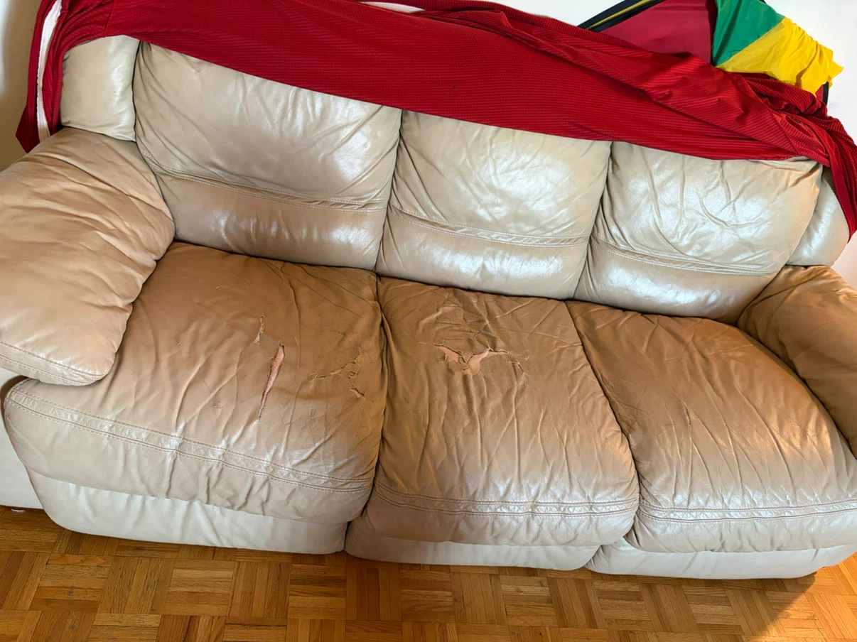 Beige Leather Sofa with Red Cover - photo 2