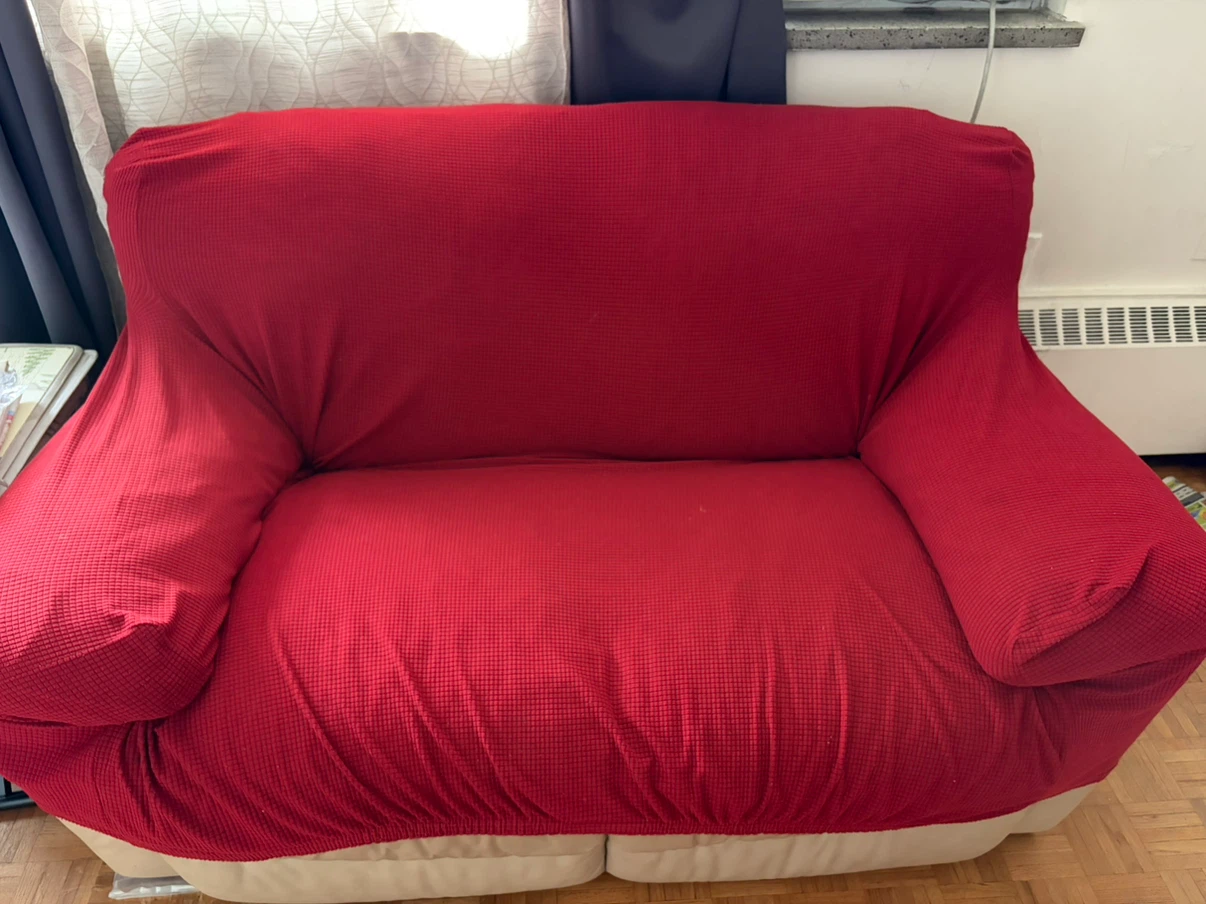 Beige Leather Sofa with Red Cover - photo 3