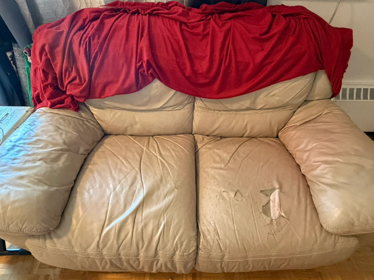 Beige Leather Sofa with Red Cover - photo 4