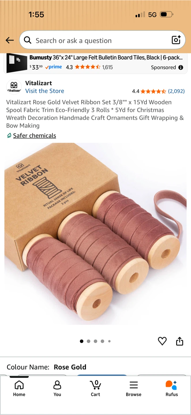 Vitalizart Rose Gold Velvet Ribbon Set - 3 Rolls