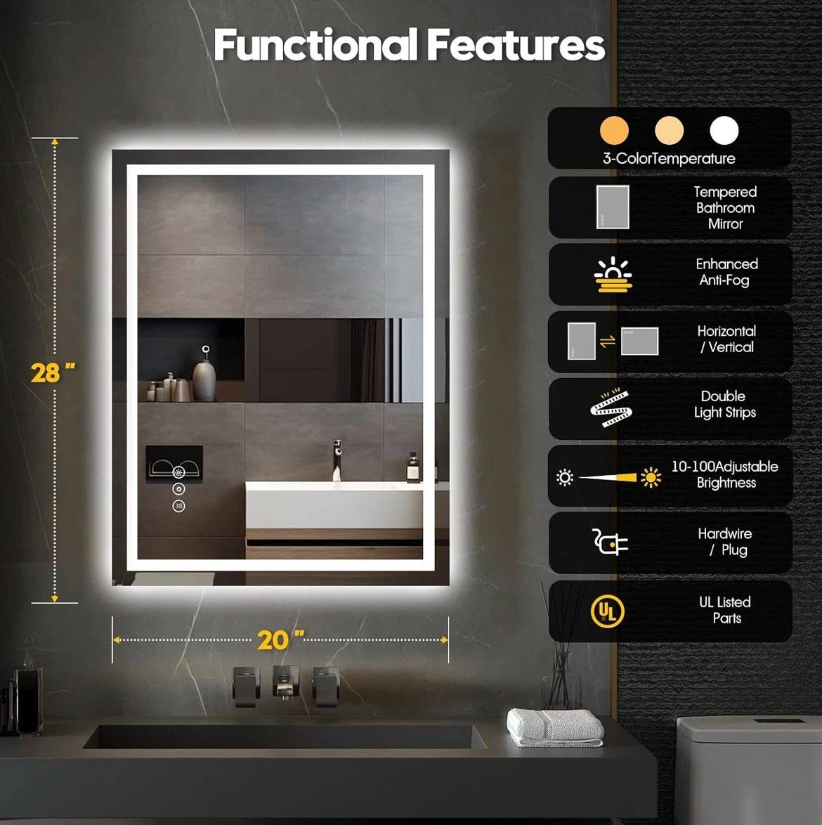 LED Bathroom Mirror – Front & Backlit, Anti-Fog, Dimmable - photo 2