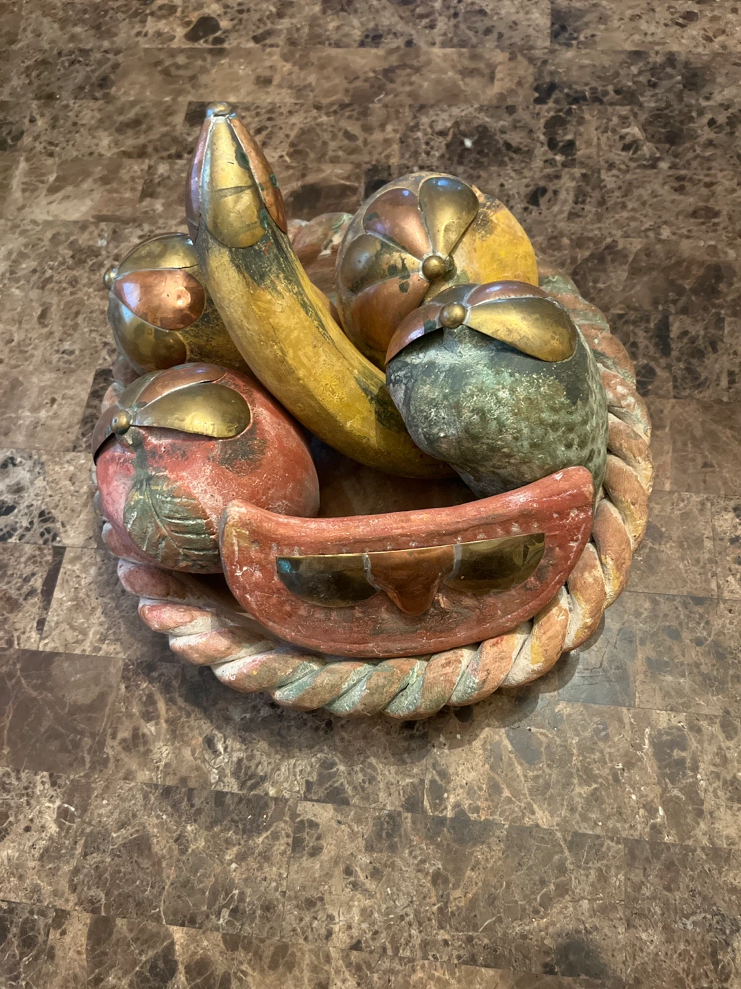 Vintage Mexican Terracotta Fruit Bowl Brass Accent
